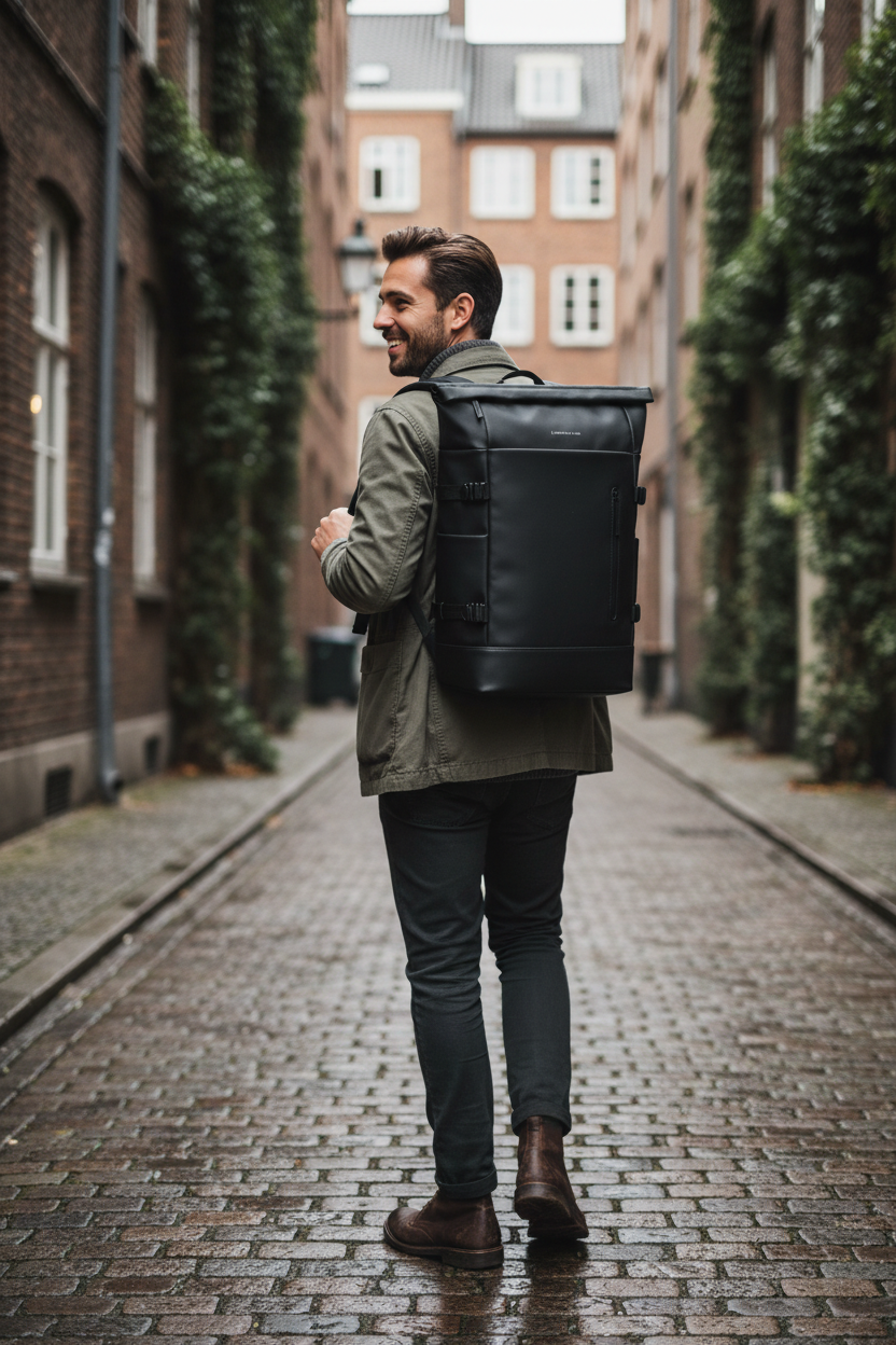 KAPTAN & SON Bergen Rucksack in Muted Sage getragen von Model vor neutralem Hintergrund