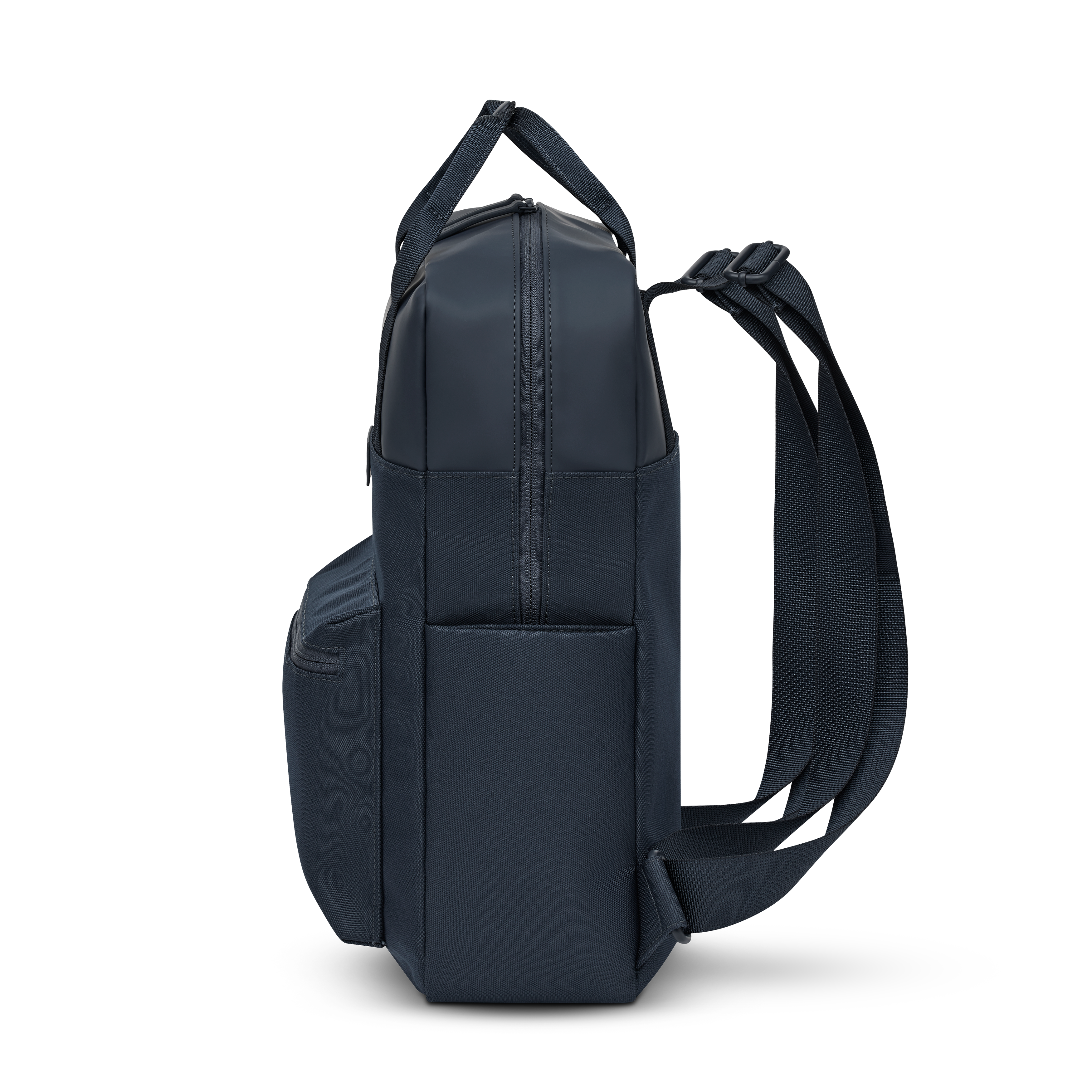 Sac à dos Kapten & Son Bergen Navy Blue, vue de profil, 15 L, résistant à l’eau, compartiment pour ordinateur 14", bleu marine