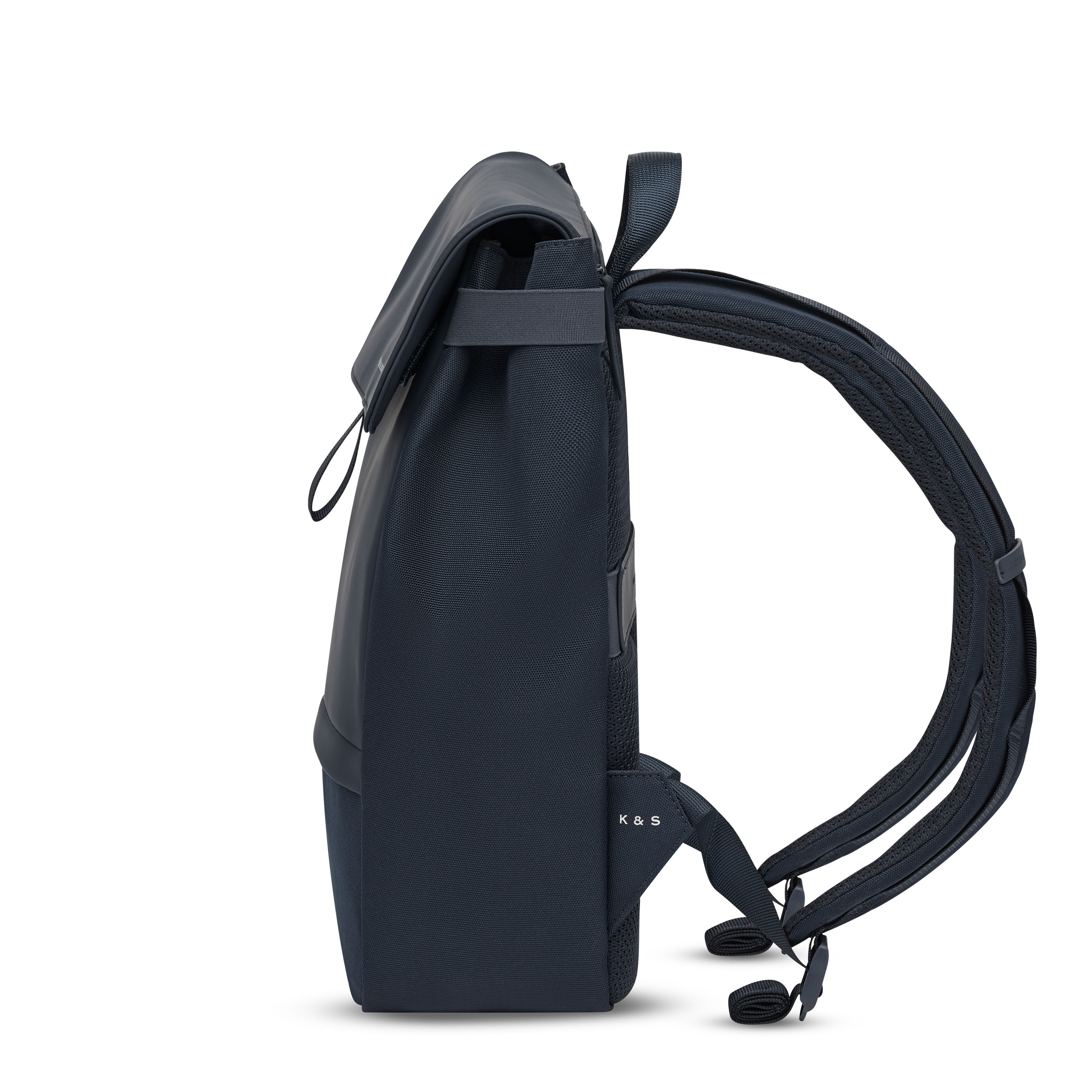 Sac à dos Kapten & Son Fyn Navy Blue, vue de profil, 13 L, résistant à l’eau, compartiments pour ordinateur 15,6", gris intérieur, bleu marine