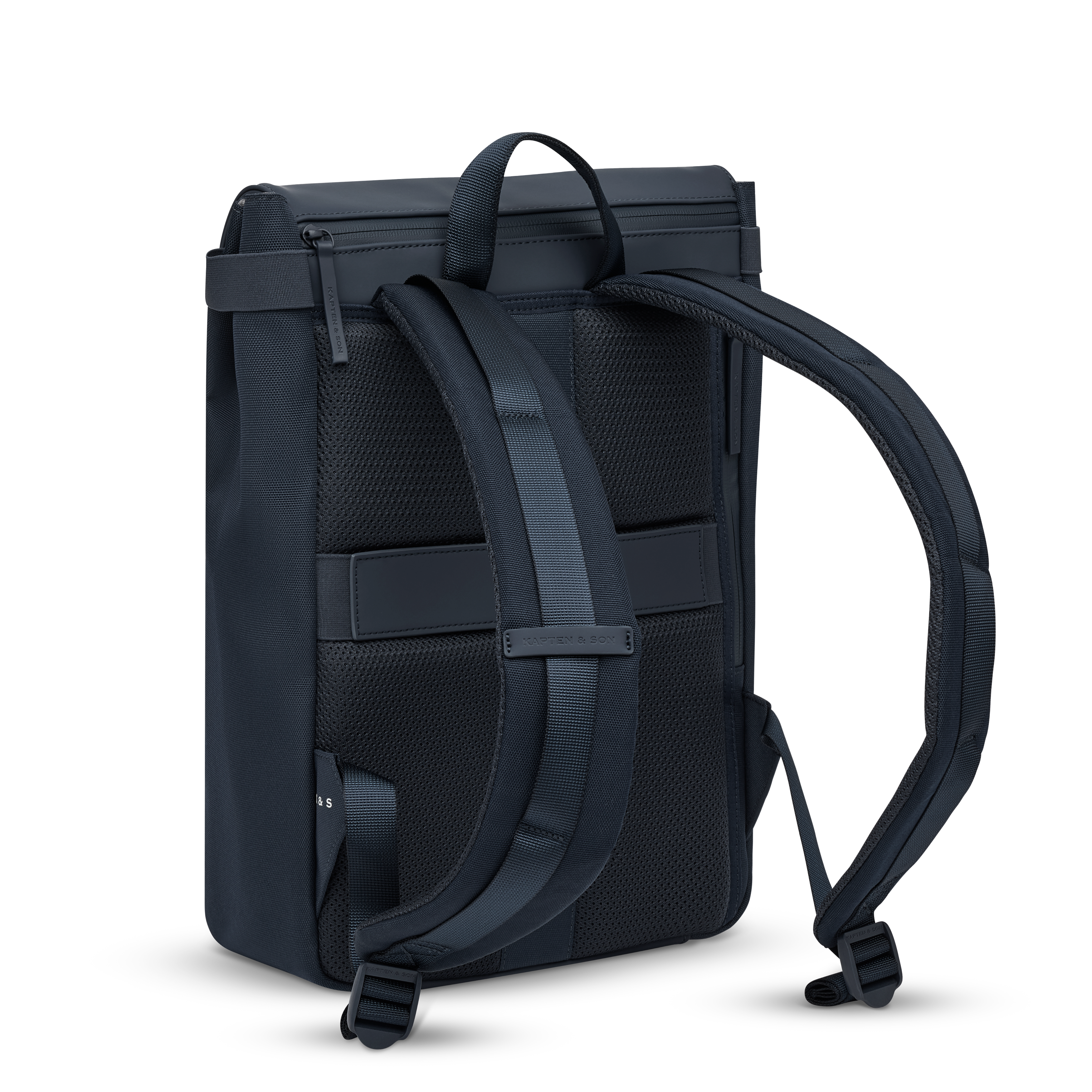 Sac à dos Kapten & Son Fyn Navy Blue, vue de dos, 13 L, résistant à l’eau, compartiments pour ordinateur 15,6", gris intérieur, bleu marine