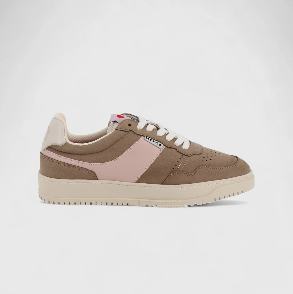 Baskets Meeko Kiboko Taupe, modèle en marron et rose, vue de profil, chaussure sportive en Cordura® avec semelle Bolflex® et semelle intérieure Arneplant®