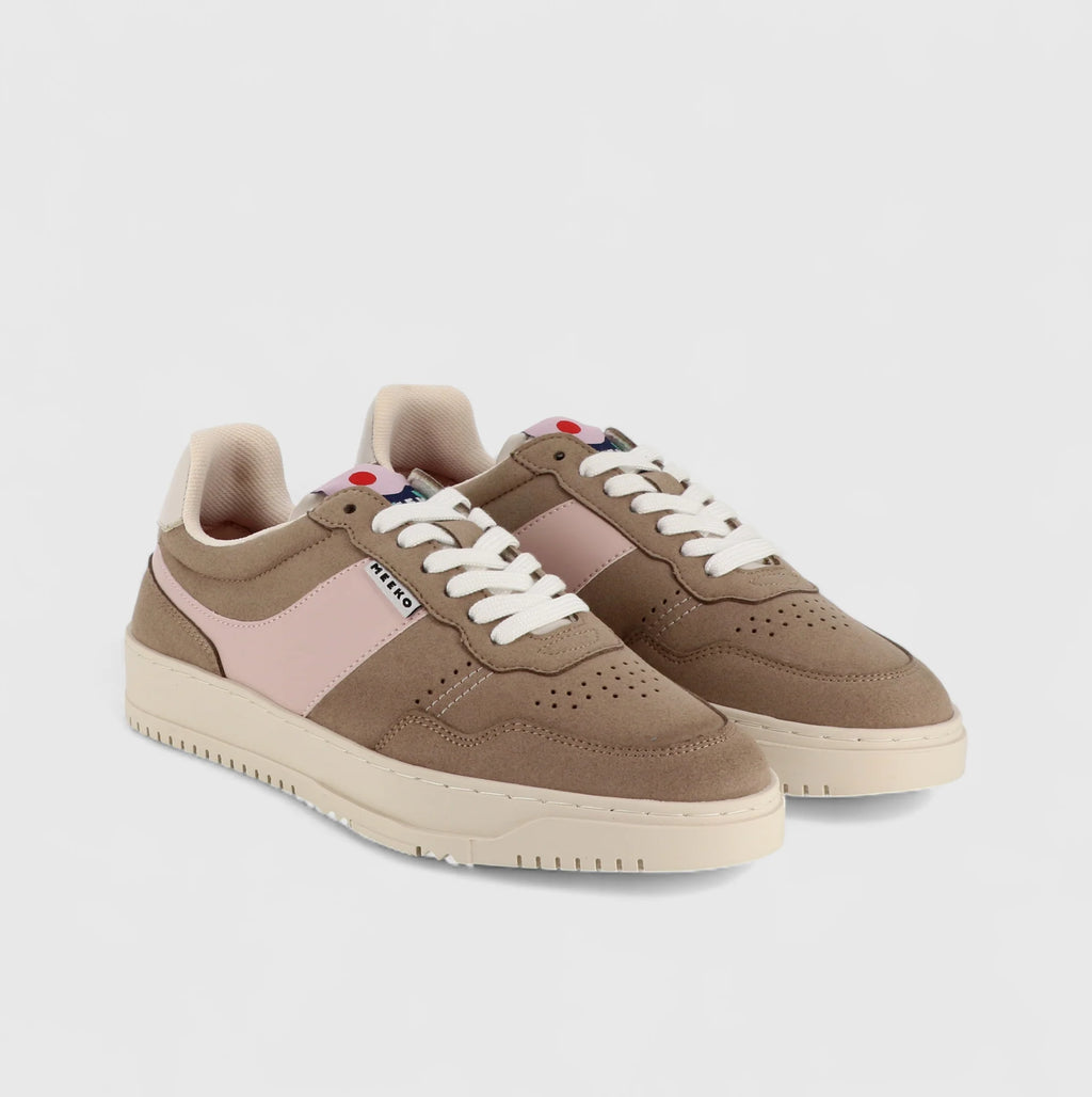 Baskets Meeko Kiboko Taupe, modèle en marron et rose, vue de profil, chaussure sportive en Cordura® avec semelle Bolflex® et semelle intérieure Arneplant®