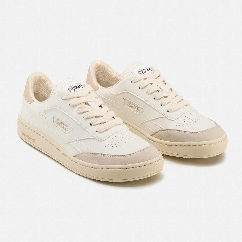 Sneaker Saye blanc et beige Modelo 89 avec semelle blanche vue lateral