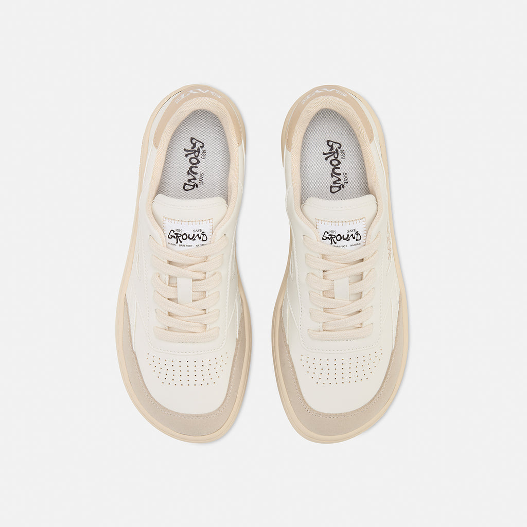 Sneaker Saye blanc et beige Modelo 89 avec semelle blanche vue de dessus