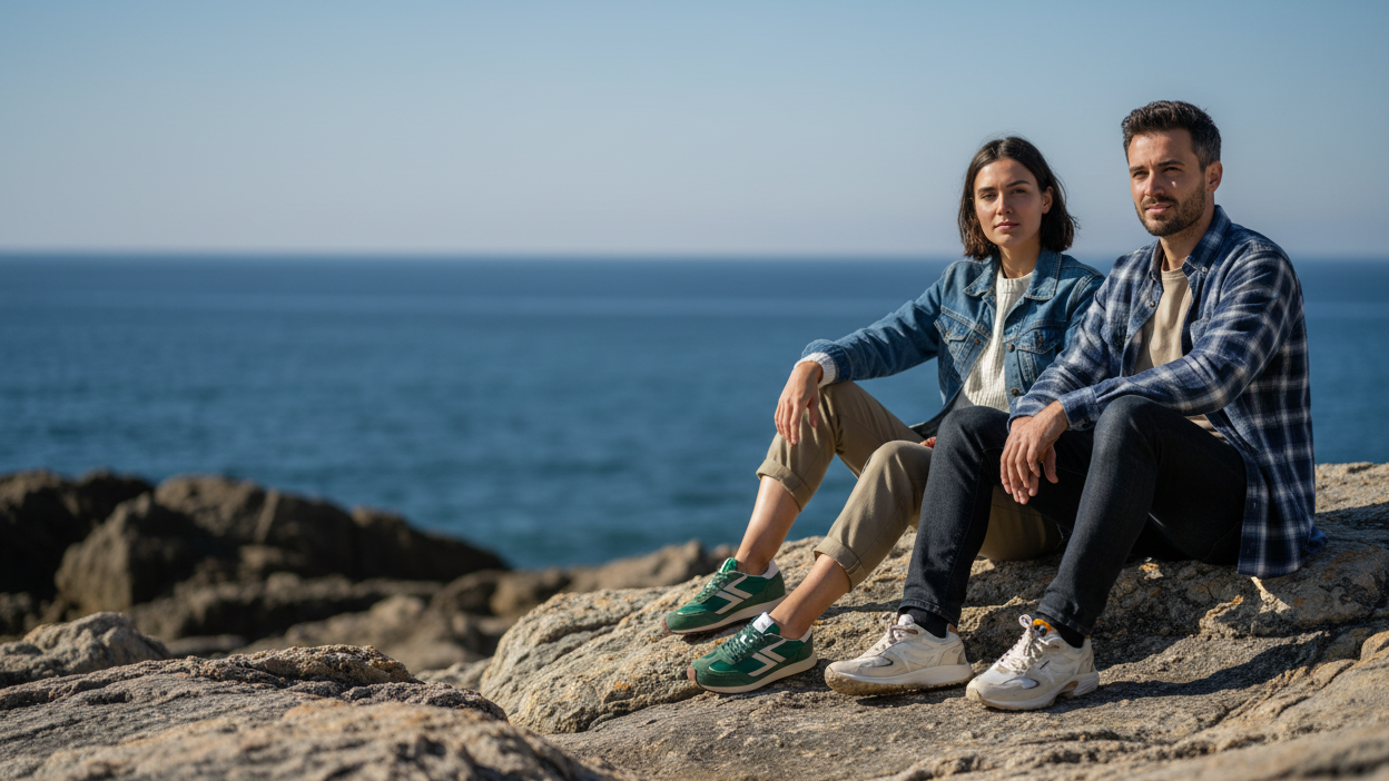 Frau und Mann am Meer - Mit Felsen im Vordergrund