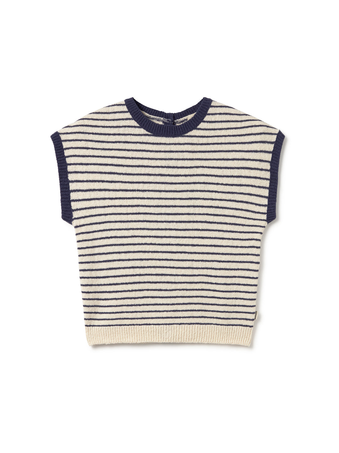 T-shirt en maille TwoThirds avec rayures blanches et bleues, à motifs, sans manches, avec boutons en bois dans le dos
