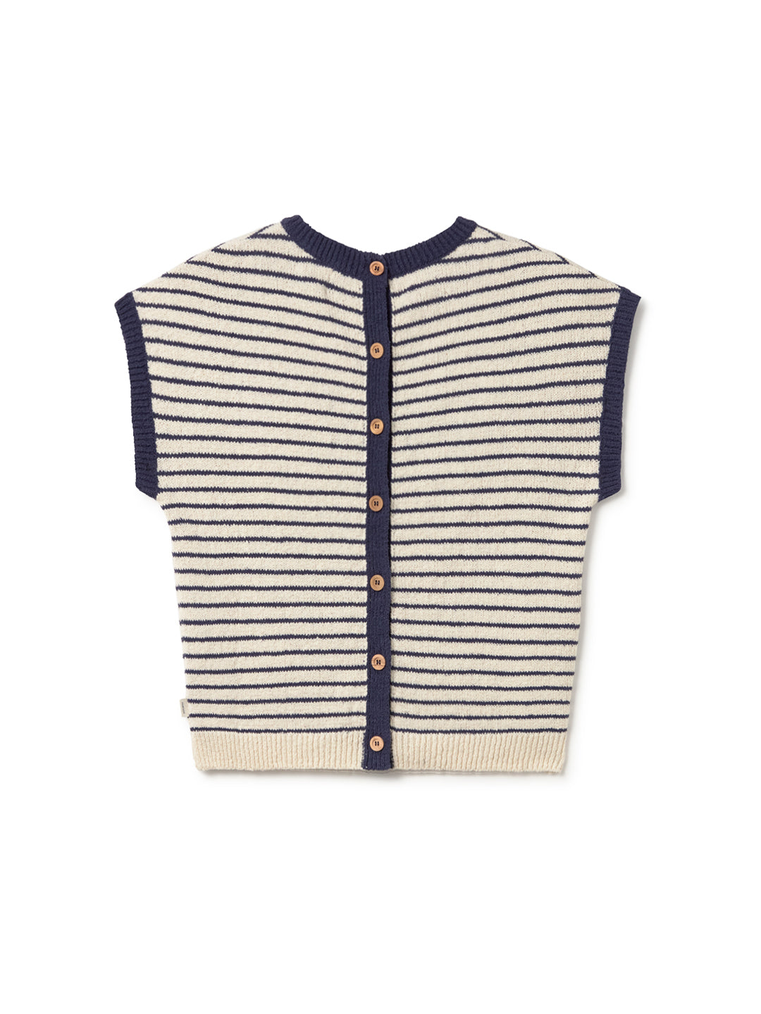 T-shirt en maille TwoThirds avec rayures blanches et bleues, à motifs, sans manches, boutons en bois dans le dos, vue de dos