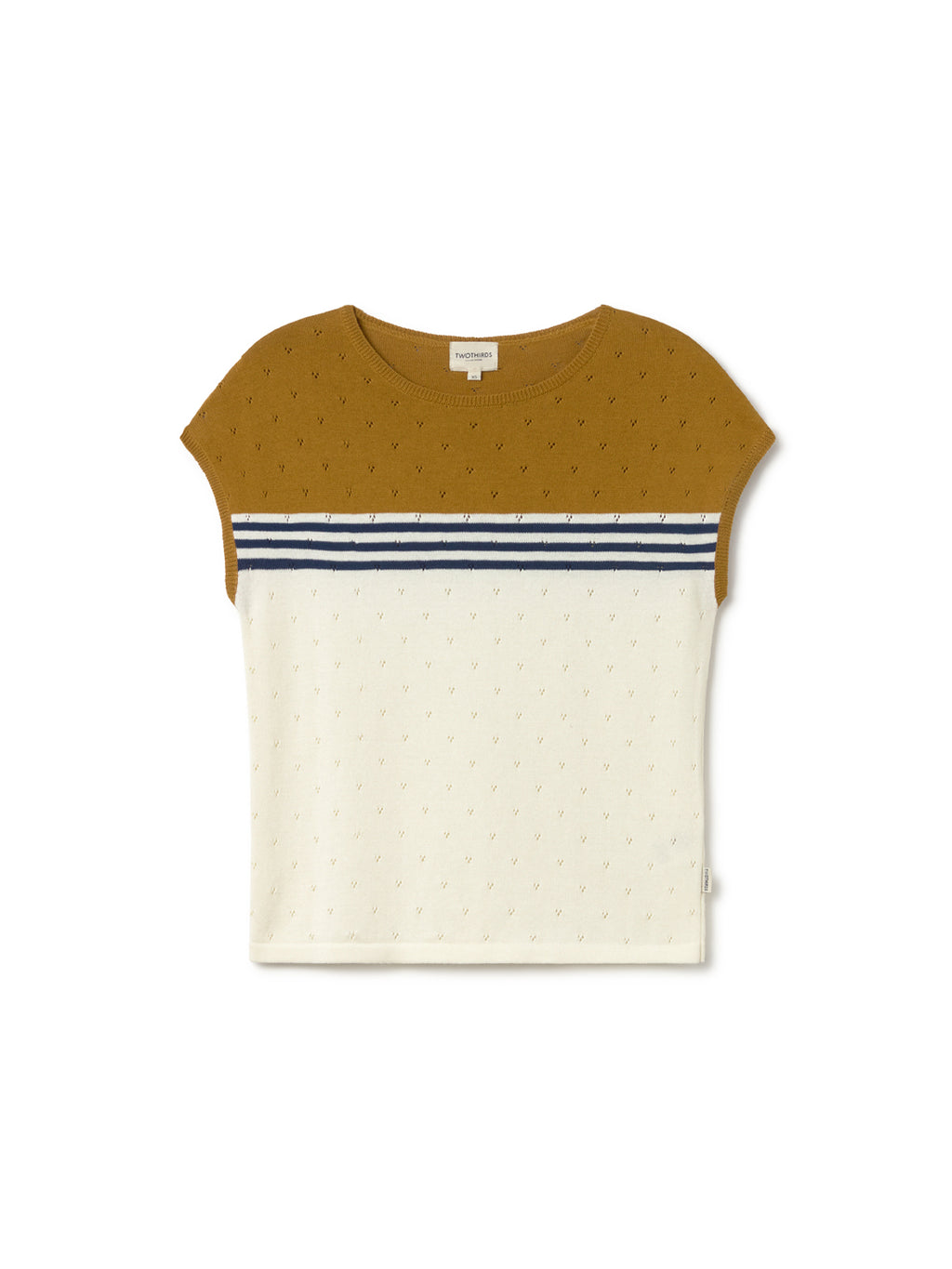 T-shirt en maille TwoThirds blanc et jaune avec trois rayures bleues, à motifs, sans manches