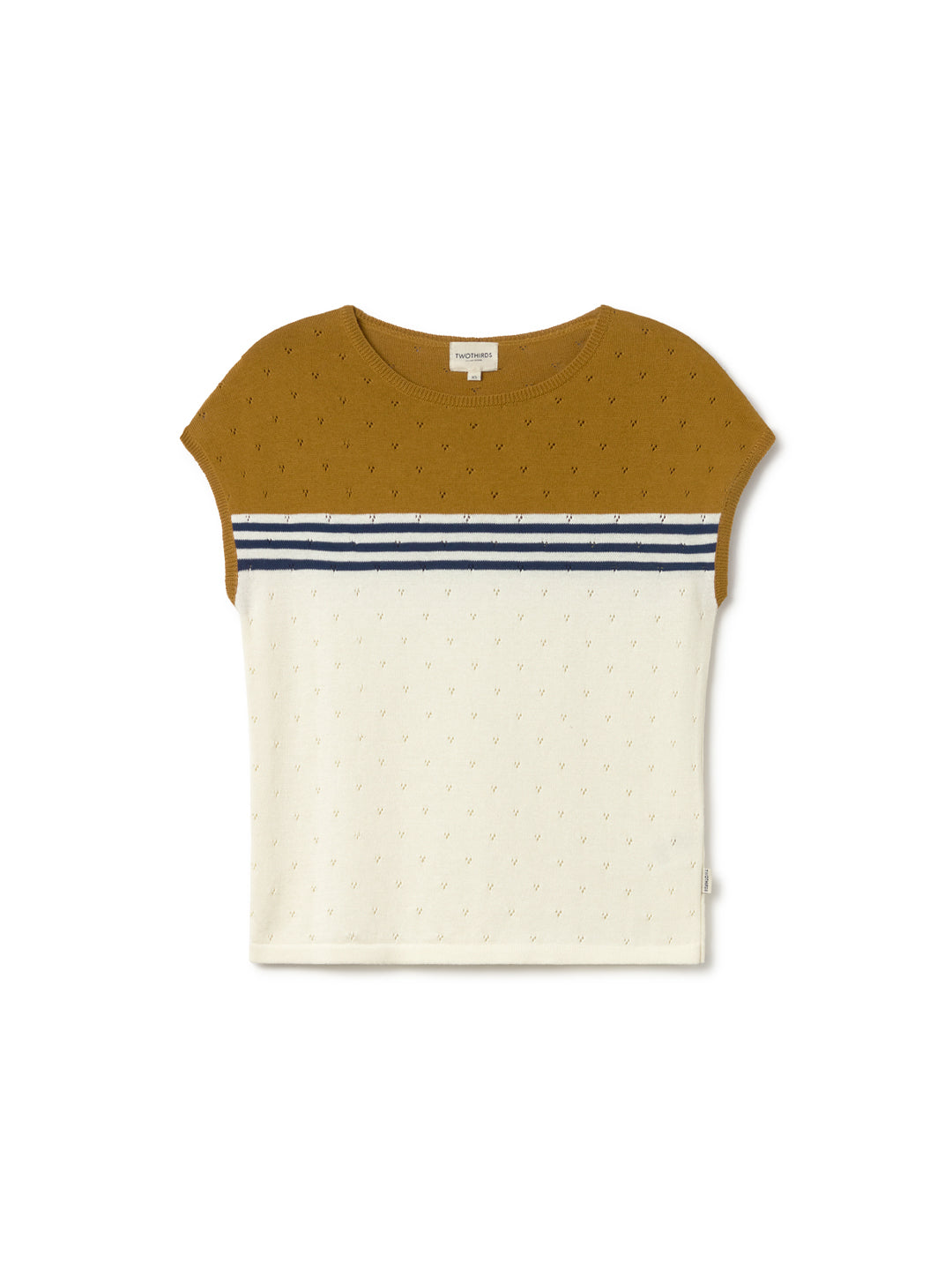 T-shirt en maille TwoThirds blanc et jaune avec trois rayures bleues, à motifs, sans manches