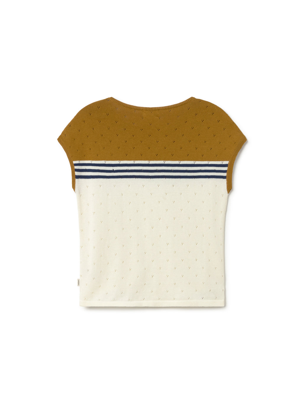 T-shirt en maille TwoThirds blanc et jaune avec trois rayures bleues, à motifs, sans manches, vue de dos