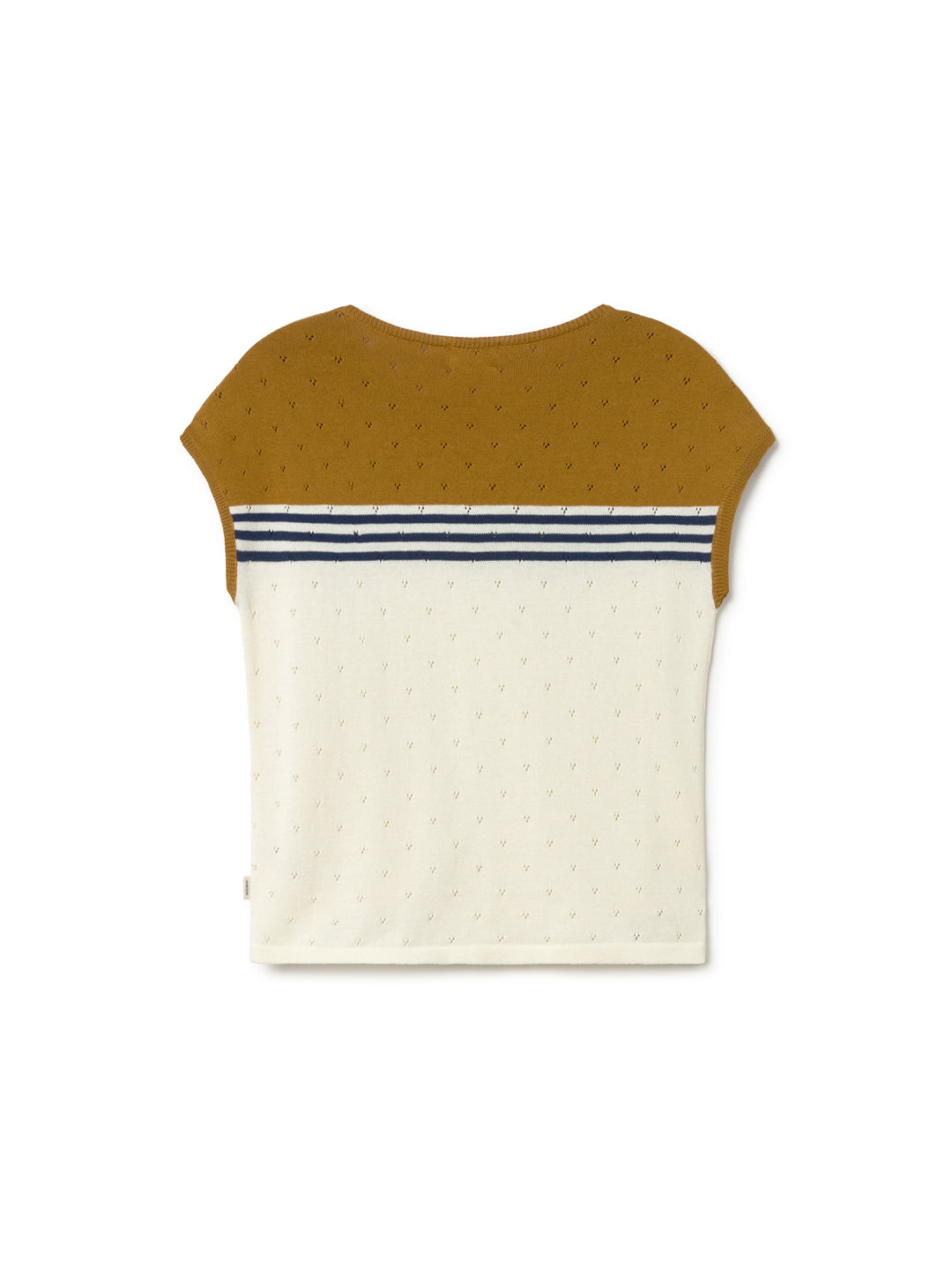 T-shirt en maille TwoThirds blanc et jaune avec trois rayures bleues, à motifs, sans manches, vue de dos