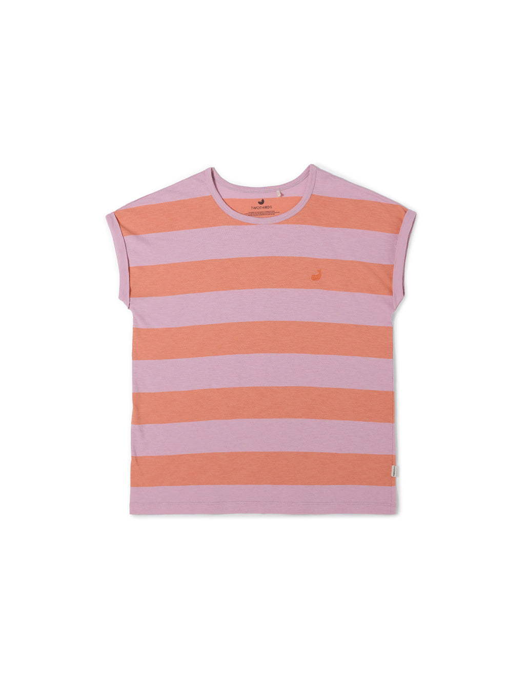 Ärmelloses Santandria T-Shirt von TwoThirds in Rosa und Orange gestreift, mit gesticktem Wal Markenlogo auf der linken Brust Frontansicht 