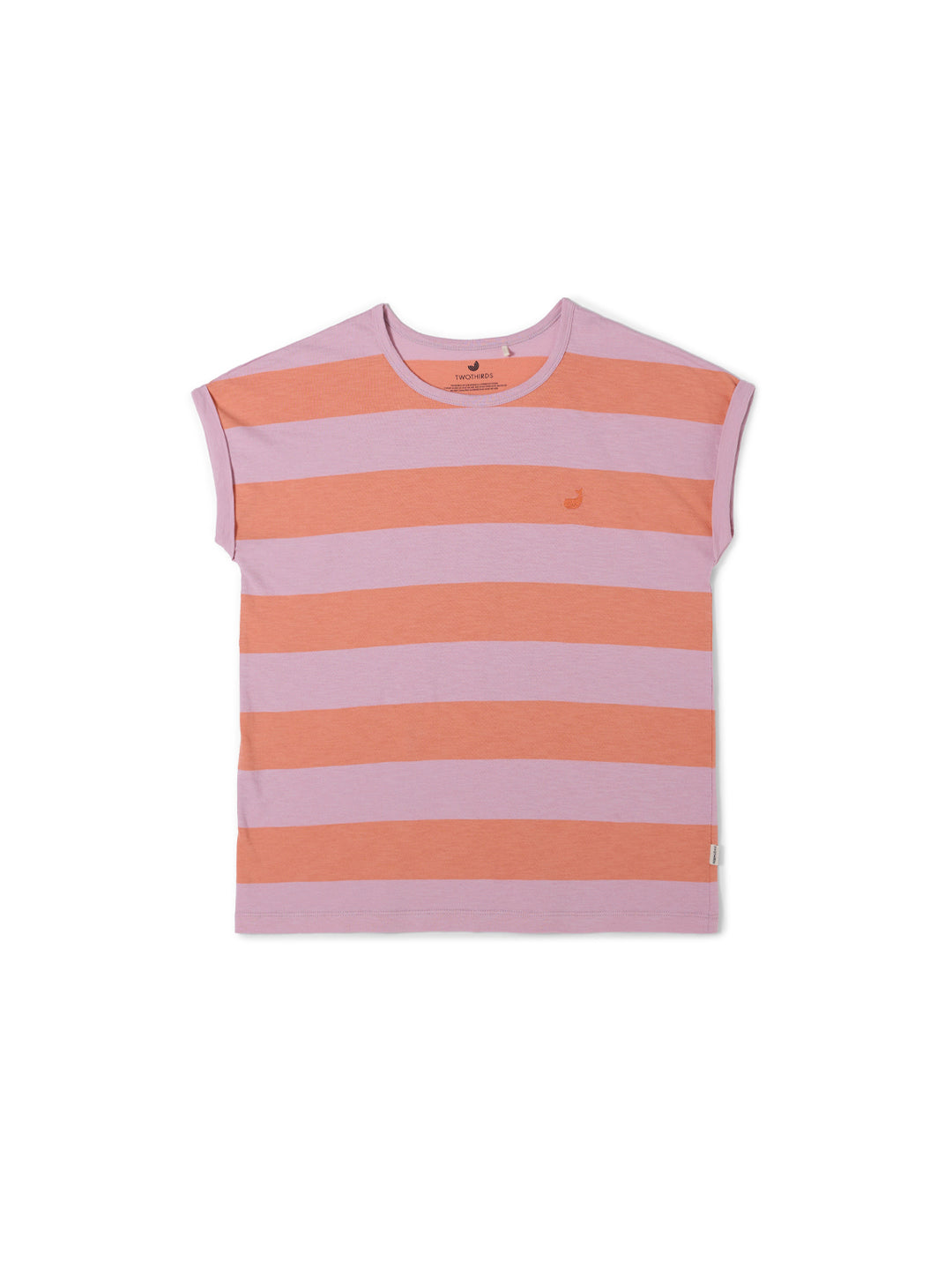 Ärmelloses Santandria T-Shirt von TwoThirds in Rosa und Orange gestreift, mit gesticktem Wal Markenlogo auf der linken Brust Frontansicht 